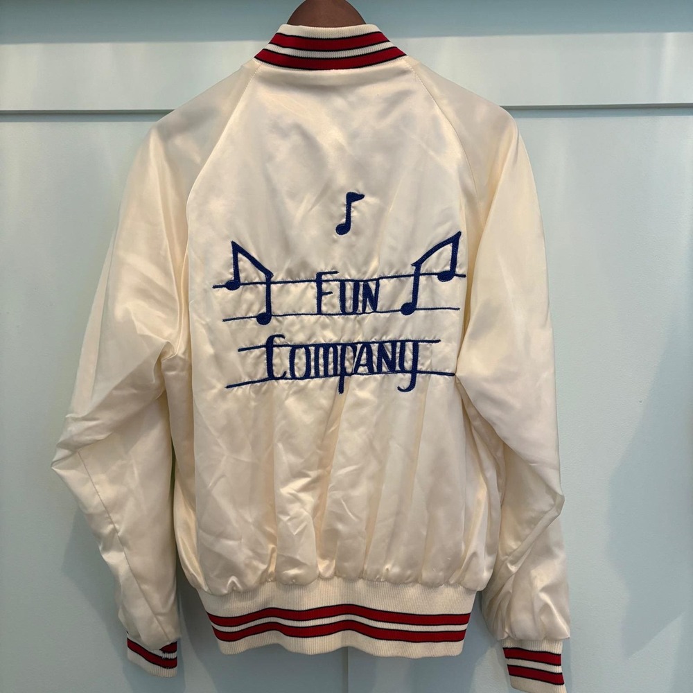 Vtg Satin Varsity Jacket Medium White Fun Company Pla-Jac Dunbrooke Chainstitch